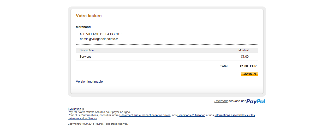 Page de verification du paiement PayPal